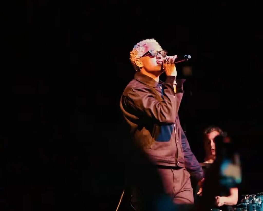 Singer performing on stage with microphone.