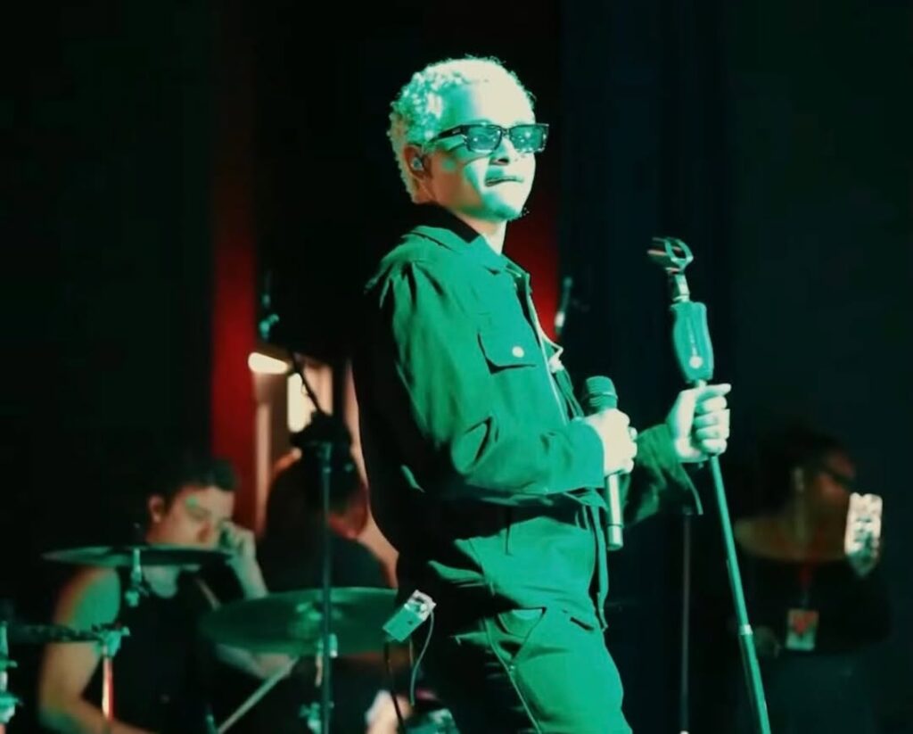 Musician performing on stage with microphone.